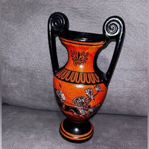 Hand Made Vintage Greek Urn (From Greece) 9” Orange Black Chariot Flaw